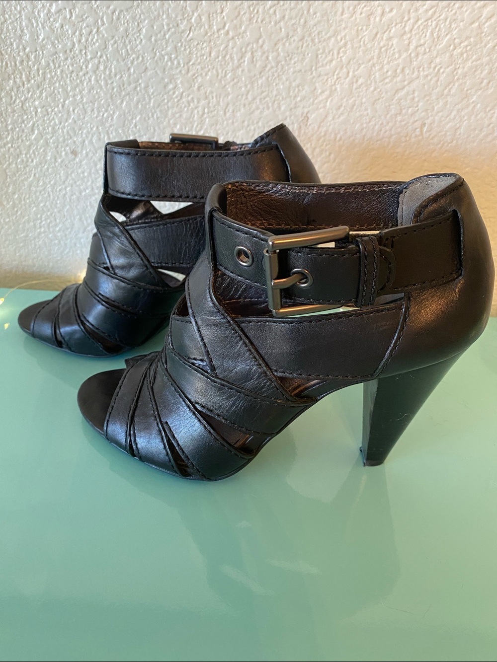 Coach Black Leather Strappy Peep-Toe Heels with Buckle - Picture 2 of 13
